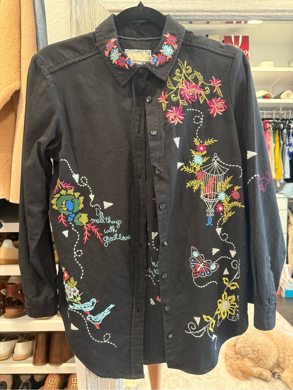 Pilcro Black Button-Down Shirt with Multicolor Floral Embroidery